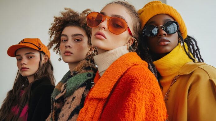 An indoor fashion shoot featuring Gen Z models with layered clothing modern accessories and unique combinations of styles