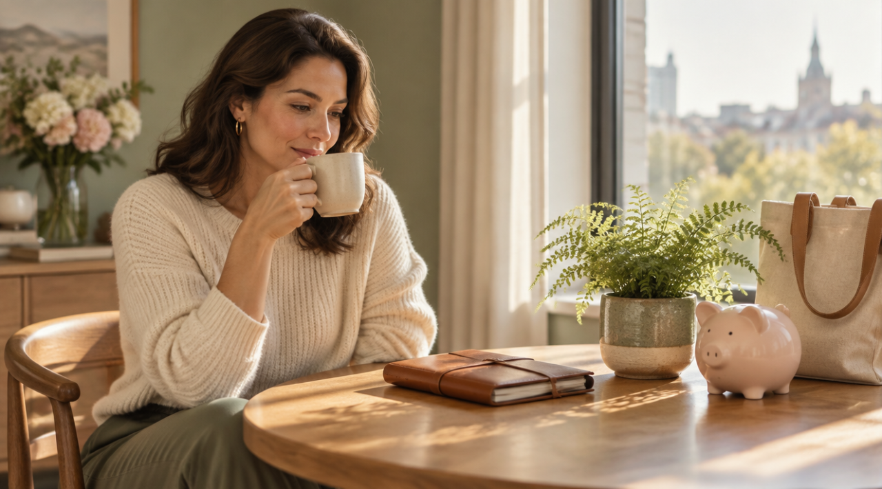 Femeie elegantă la o masă luminoasă, cu un carnet de planificare, o cafea și o plantă, într-un colț calm de acasă