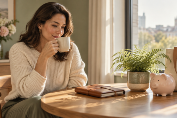 Femeie elegantă la o masă luminoasă, cu un carnet de planificare, o cafea și o plantă, într-un colț calm de acasă