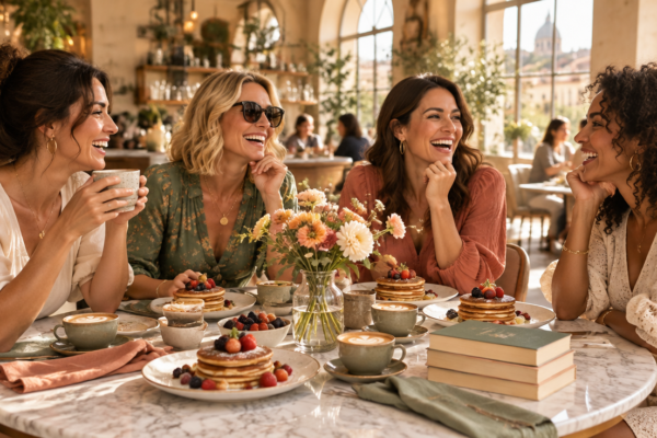 Patru femei zâmbitoare la un brunch într-o cafenea luminoasă, cu clătite, fructe, flori proaspete și cești de cafea pe o masă rotundă